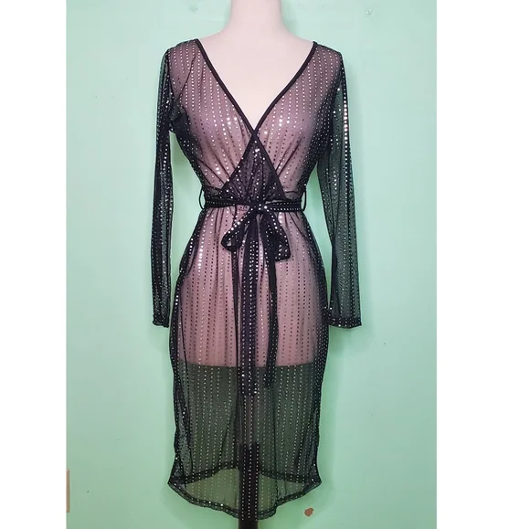 Sheer Black and Silver Metallic Faux Wrap Dress - Picture 2 of 10